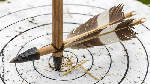 Traditional Arrow with Stone Tip and Feathers Stuck in a Wooden Target on a Circular Surface