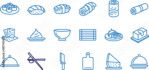 Collection of sushi and Japanese food line icons set