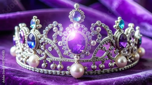 Elegant silver crown adorned with pearls and gemstones, resting on a luxurious purple velvet cloth.