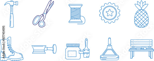 Assorted tools and objects including hammer scissors pineapple bench