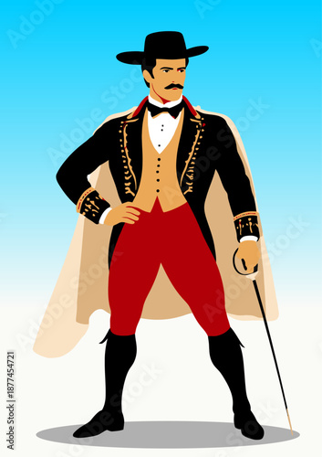 061-13-Matador wearing a traditional bullfighting traje de luces and cape holding a sword for performance