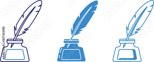 Feather quill pen and inkwell icons set for writing and literature