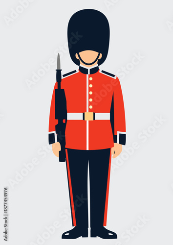 061-16-Royal guard soldier standing at attention, wearing red uniform and bearskin hat
