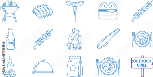 Barbecue and outdoor grill linear icon set for summer food parties