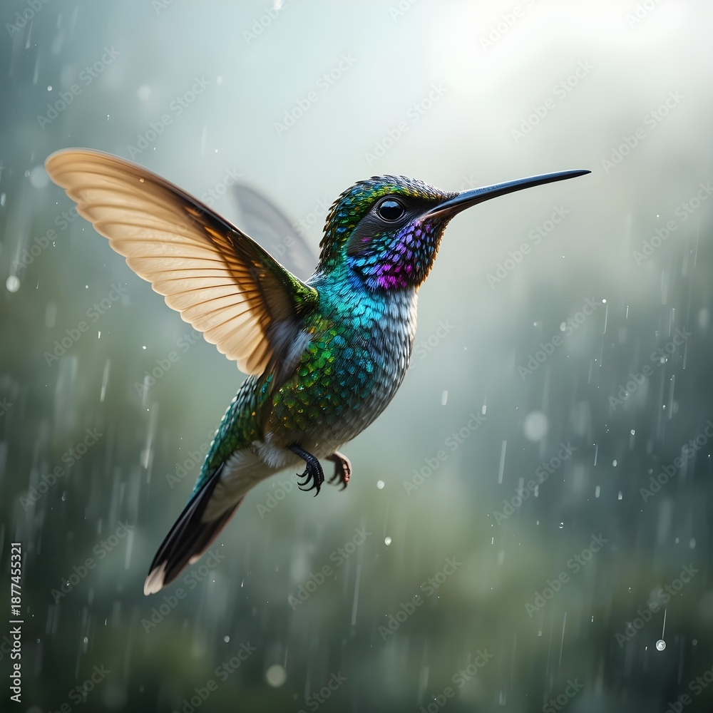 Fototapeta premium Elegant Hummingbird Hovering in the Rain with Iridescent Feathers