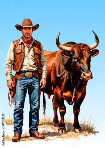 061-20-Cowboy and bull standing together, representing western ranch life