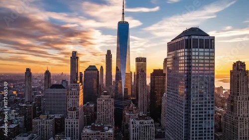 Aerial hyperlapse of New York City skyline and One World Trade Center at sunset with moving clouds.