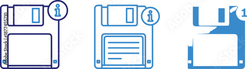 Floppy disk data storage icon with information details symbol