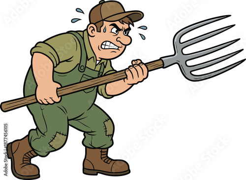 Cartoon farmer character, green overalls, pitchfork grip, intense expression, sweating face, rural worker, agriculture theme, flat vector illustration