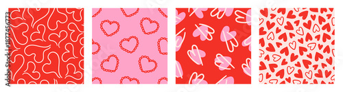 Set of seamless patterns with hand drawn romantic hearts. Design elements for Valentine's Day. Vector illustration
