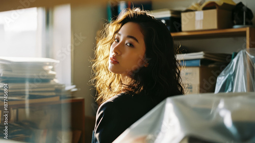 Wallpaper Mural 窓からの柔らかな逆光に照らされる、室内で振り返る若い日本人女性のポートレート Torontodigital.ca