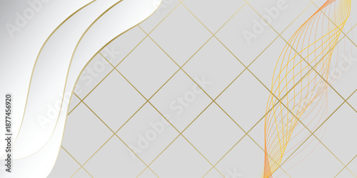 Elegant abstract background with flowing white and gold wavy lines, a subtle golden grid pattern, and a delicate orange linear design.