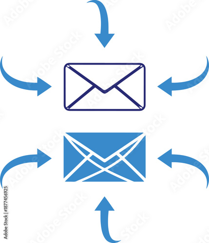 Email communication and delivery system concept shown with envelopes and arrows