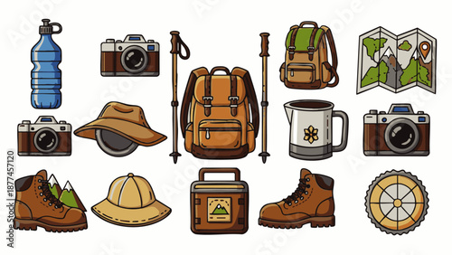 Hiking camping gear accessories collection backpack