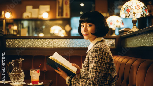 Wallpaper Mural レトロな喫茶店で本を片手に微笑むボブヘアの女性 Torontodigital.ca