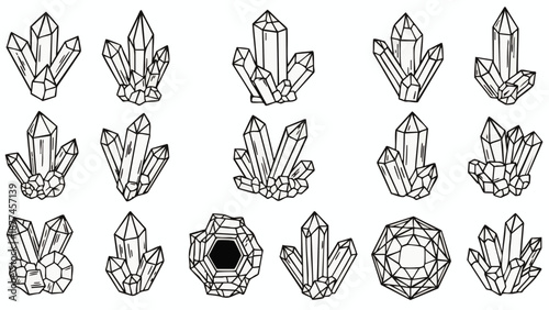 Black and white line of various crystal clusters crystals