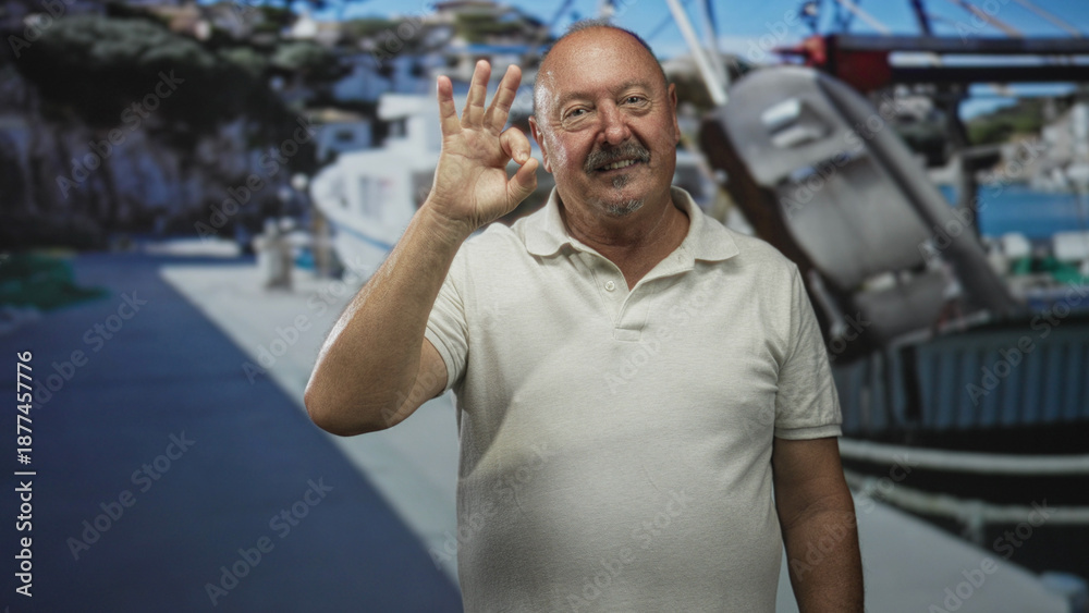 Fototapeta premium Man senior hispanic in polo makes ok sign with right hand at studio with marina backdrop, smiling and standing front of boat; cheerful approval.