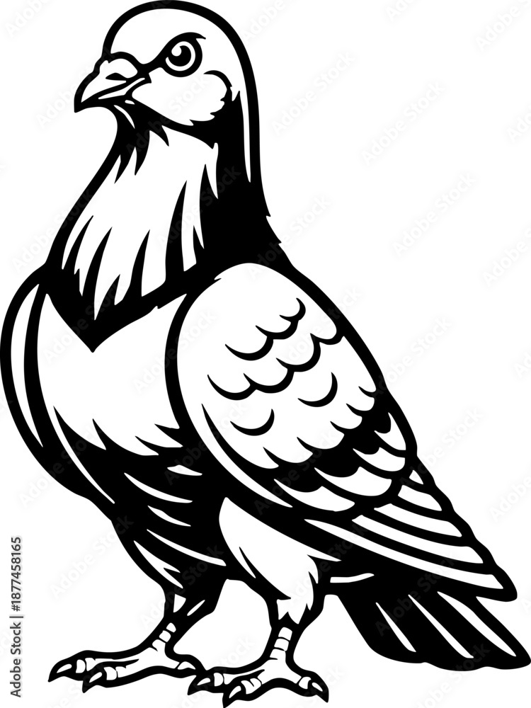 Obraz premium Detailed Standing Pigeon Vector Illustration Black and White Graphic