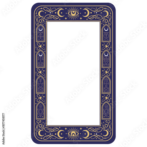 Mystic tarot card frame vector template featuring golden gothic arches with celestial moons third eye symbols and ornate scrollwork on a dark navy border for astrology and oracle deck branding