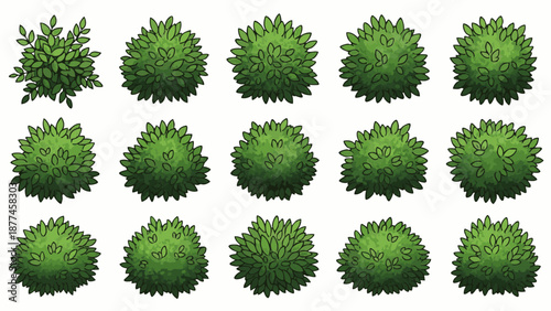 Cartoon green bushes with varying leaf density and styles leaves foliage