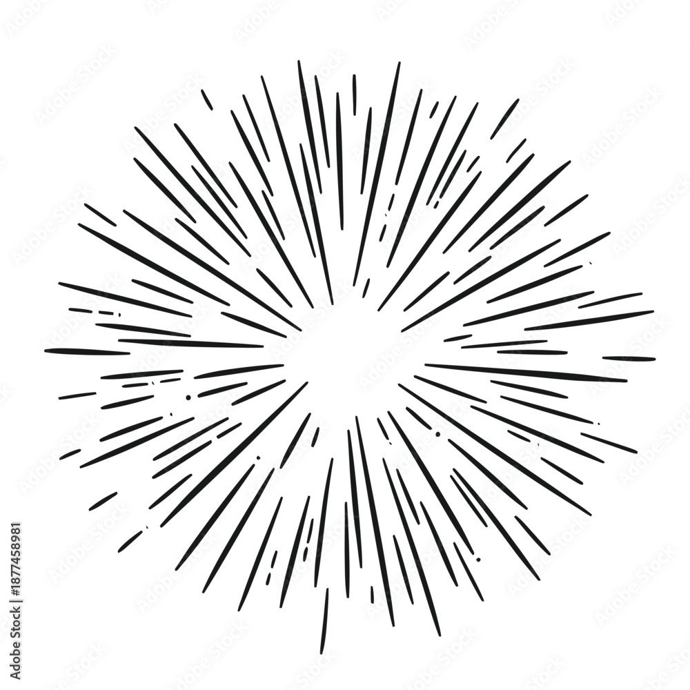 Obraz premium Hand drawn black radial burst rays sunburst vector illustration simple flat minimalist star pattern design background element graphic decoration bright energy concept