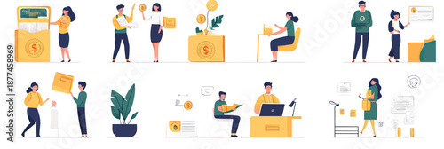 People receiving financial grants and educational subsidies from government funds, federal budget support, monetary aid concept, flat vector illustration set