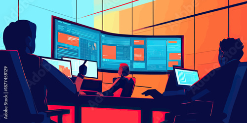 Business team working on data analytics and financial reports using large curved monitor and multiple screens in modern office interior with vibrant orange and blue lighting