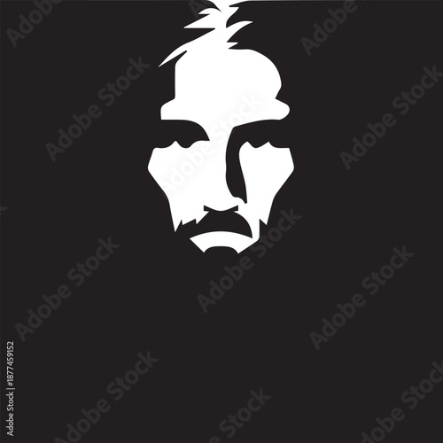Stark black and white vector illustration of an intense, mysterious man's face, isolated white silhouette with mustache against a dramatic black background.