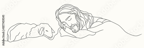 Minimalist continuous line art of spiritual Jesus Christ lying down next to peaceful lamb in simple hand-drawn outline vector illustration