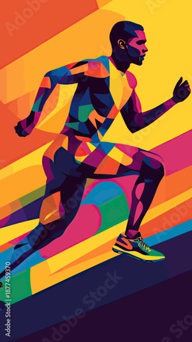 Colorful geometric vector illustration of male athlete sprinting fast in dynamic abstract style with vibrant background and modern sportswear design