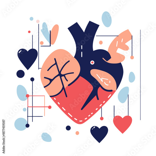 Flat minimalist vector illustration of human heart anatomy with abstract geometric shapes and heart symbols for medical and health concepts design