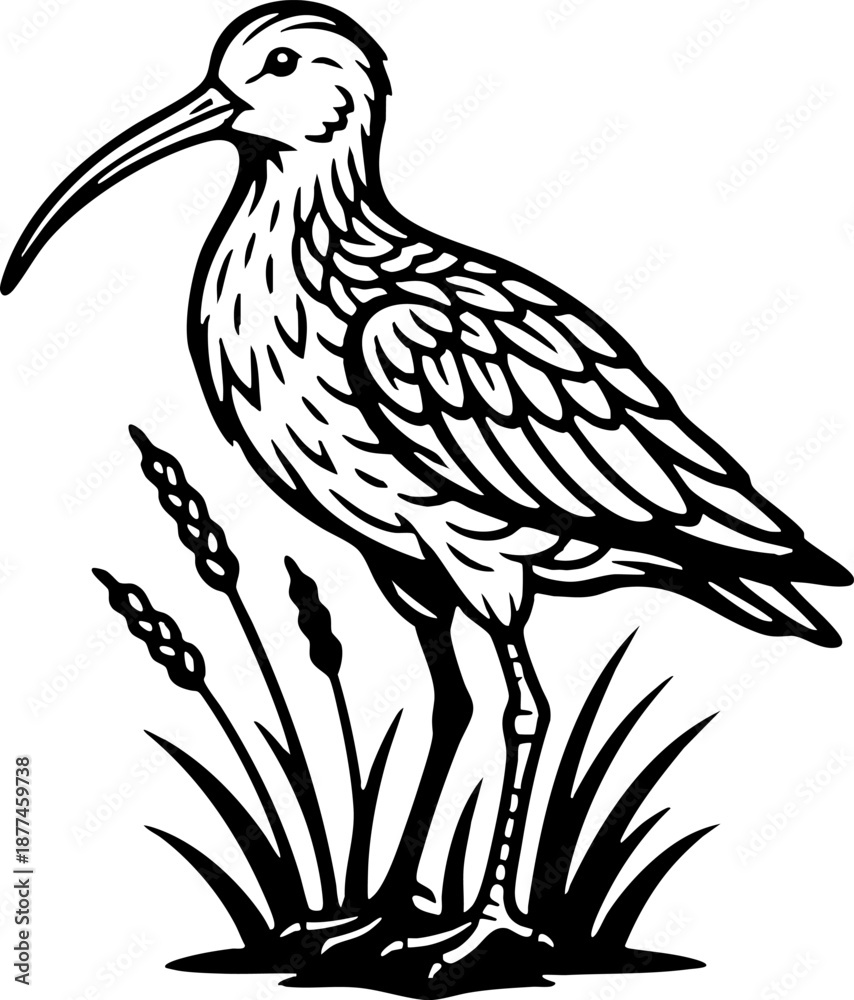 Obraz premium Vintage Line Art Curlew Wading Bird Black and White Drawing