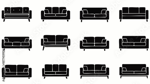 Black and white silhouettes of various sofas couch furniture