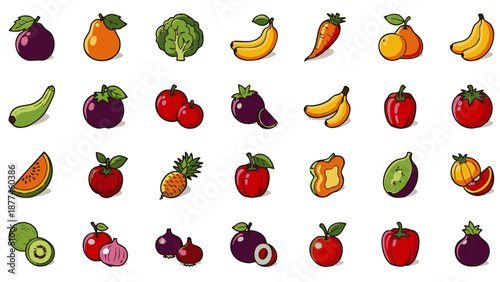 Colorful cartoon fruits and vegetables on white background food