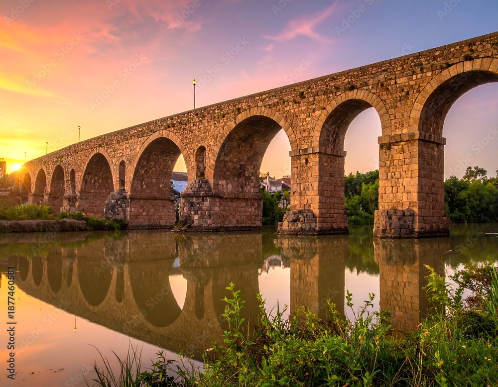 Fototapeta premium A majestic ancient stone bridge spans a tranquil river at sunset, reflecting in the calm water with vibrant sky hues