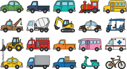 Cartoon vehicles set, cars trucks buses trains, emergency transport, construction equipment, kids illustration, educational art, flat vector illustration