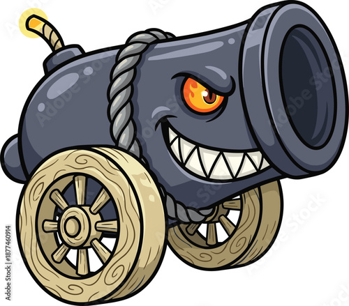 Cartoon cannon monster, fiery eye, toothy grin, wooden wheels, lit fuse, creepy character, game asset, flat vector illustration