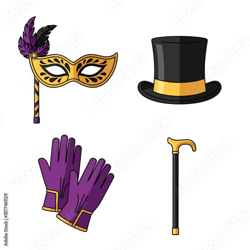 Masquerade mask top hat gloves and cane illustration.