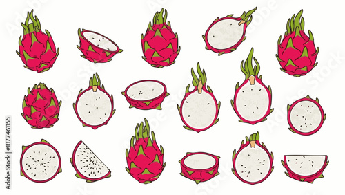 Pink dragon fruits and sliced dragon fruits with green scales white background