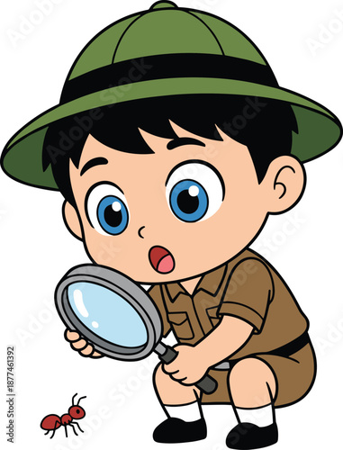 Cartoon explorer child, safari outfit, magnifying glass, curious expression, ant discovery, nature learning, kids art, flat vector illustration
