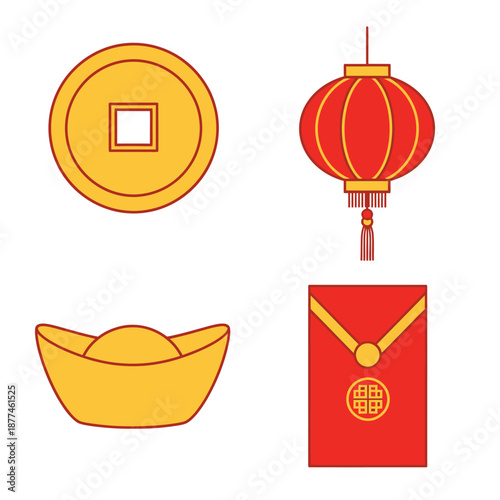 Chinese New Year Symbols Collection Gold Red Icons.