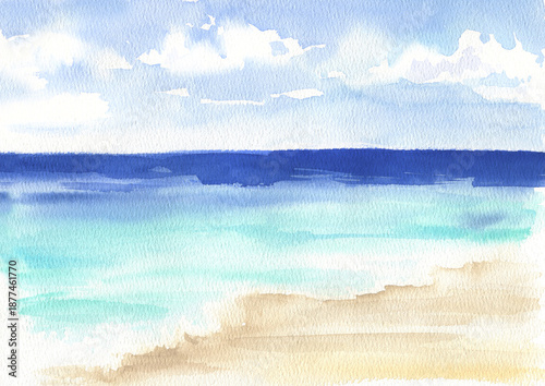 watercolor tropical lagoon, coastline, island in Indian Ocean, white sand, blue water, vacation, sea relaxation, illustration of beach rest, hand drawn sketch of Maldives, Cuba, Bali for souvenirs