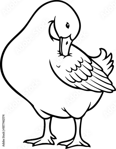 Black and white line art illustration of a duck preening