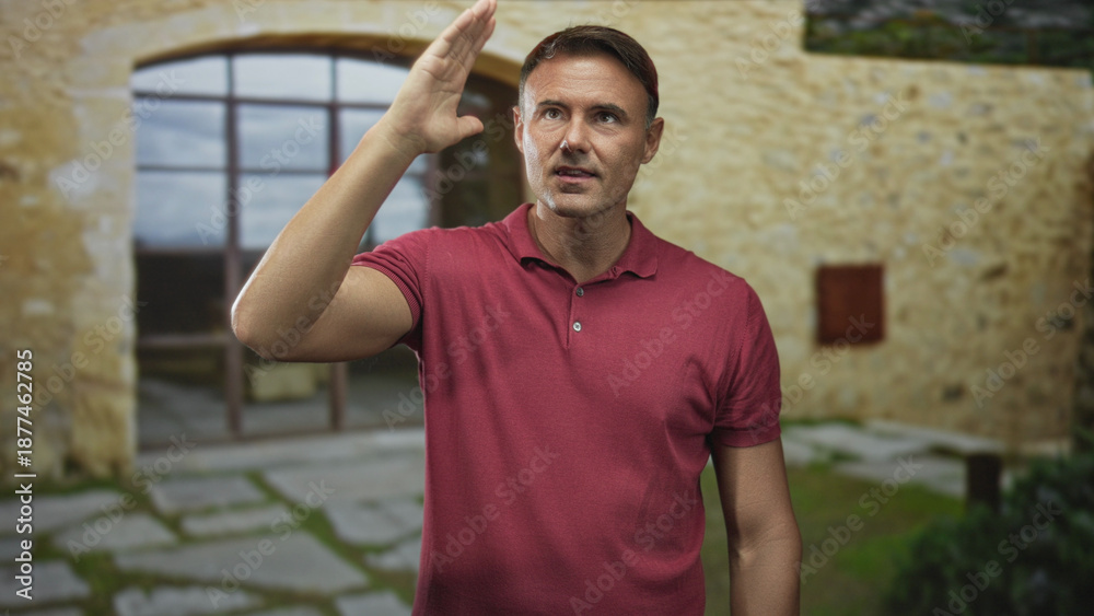 Fototapeta premium Handsome hispanic man touching forehead with palm and closed eyes, wearing red polo standing before an old stone building entrance; relief.