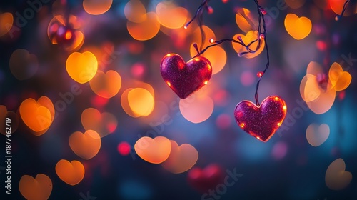 Romantic heart shaped bokeh lights glowing on soft valentine background