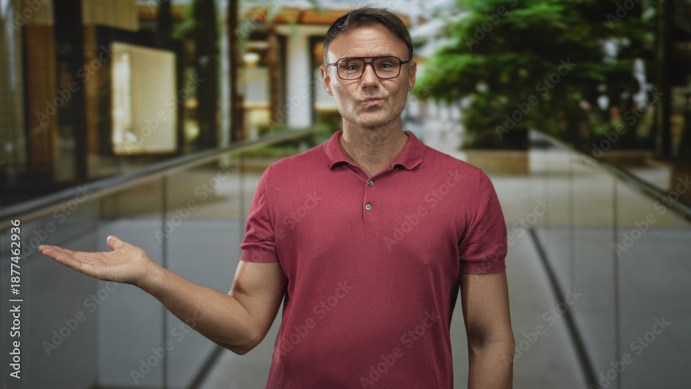 Fototapeta premium Man with glasses wearing a red polo holding out open hand palm up in a modern building atrium, presenting; friendly invitation.