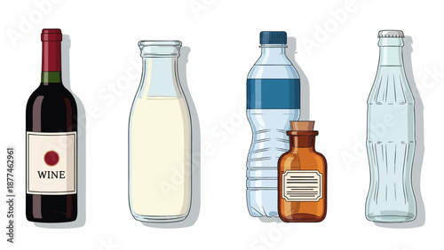 Set of wine bottles with glass containers isolated on a white background for beverage and alcohol concepts