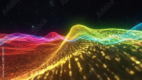 Abstract colorful waves flowing in a dark space with sparkling stars, creating a futuristic background.