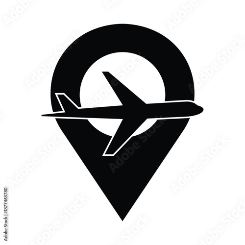 Airplane icon within a location marker isolated on white background