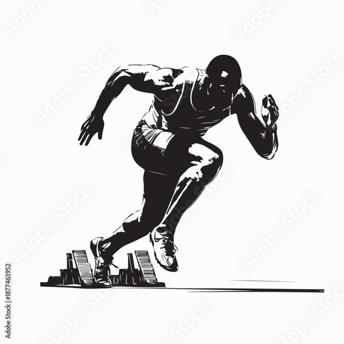 Man Sprinter Leaps From Starting Block Silhouette Vector on White Background